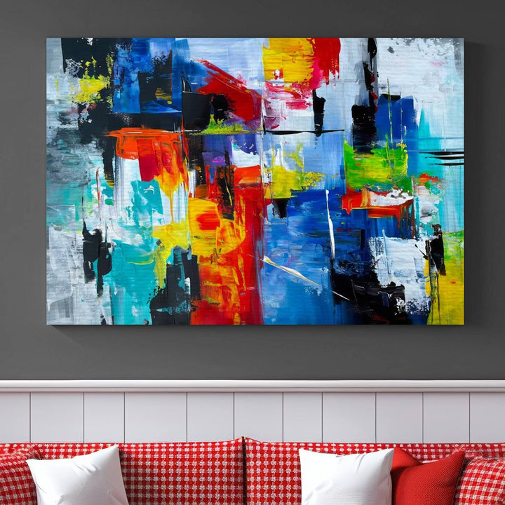 Three Colorful Abstract Wall Art Canvas Prints feature vibrant colors on museum-quality canvas and are finished with a UV-protective coating. Their ready-to-hang design allows for effortless transformation of your space.