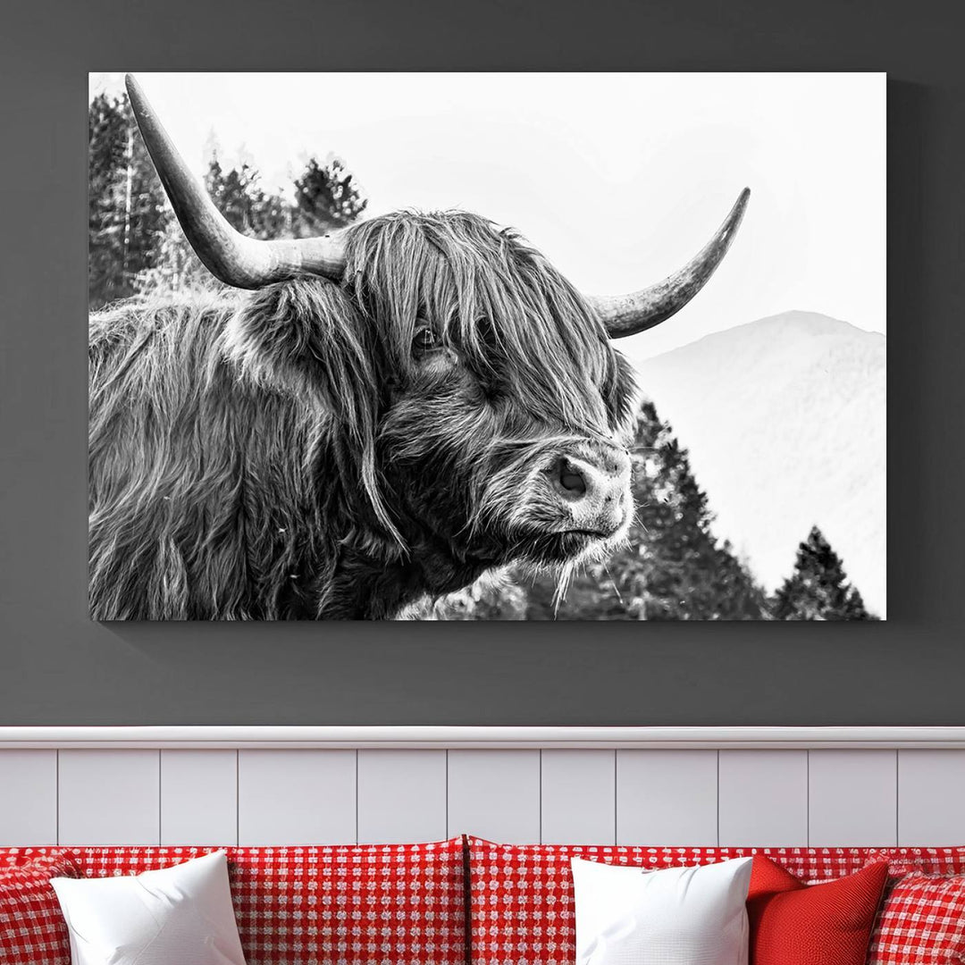 The Scottish Longhorn Wall Art Canvas Print features a highland cow with long horns and shaggy hair displayed on a museum-quality canvas. Equipped with a UV-protective coating for durability, it's ready to hang and enjoy for years to come.