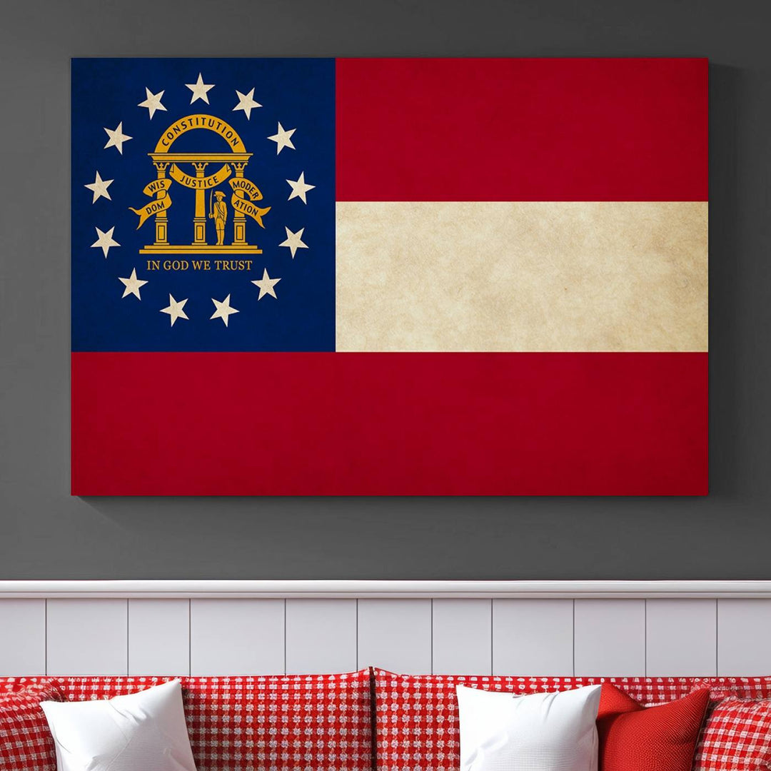 The Georgia States Flag Wall Art Canvas Print, coated with UV protection to preserve its vibrant colors, hangs on the wall.