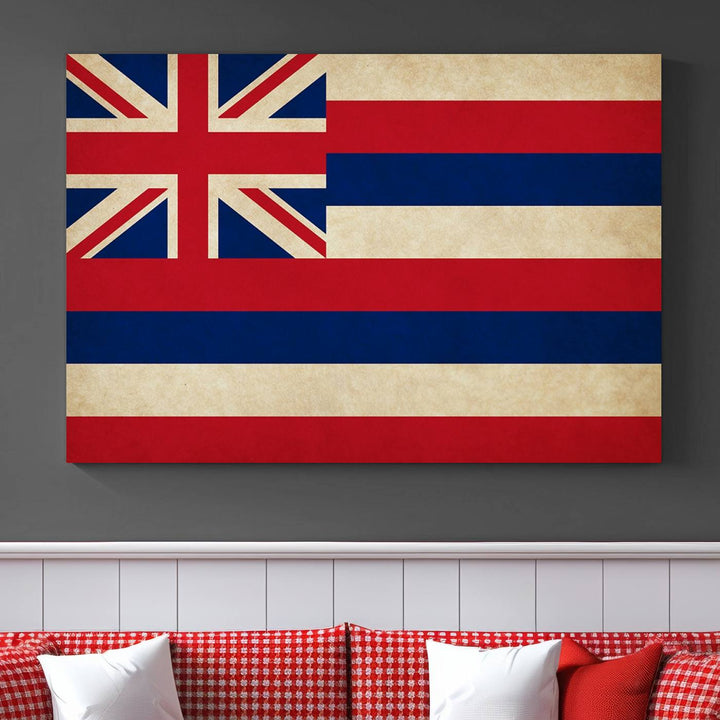 A stunning piece titled "Hawaii USA States Flag Wall Art Canvas Print" adorns the wall. This gallery-wrapped artwork is printed on museum-quality canvas and features a UV-protective coating, ensuring its vibrant colors remain timelessly beautiful.