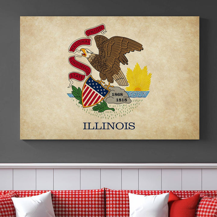 The Illinois State Flag Wall Art Canvas Print, crafted on museum-quality canvas with a UV-protective coating, is displayed prominently.