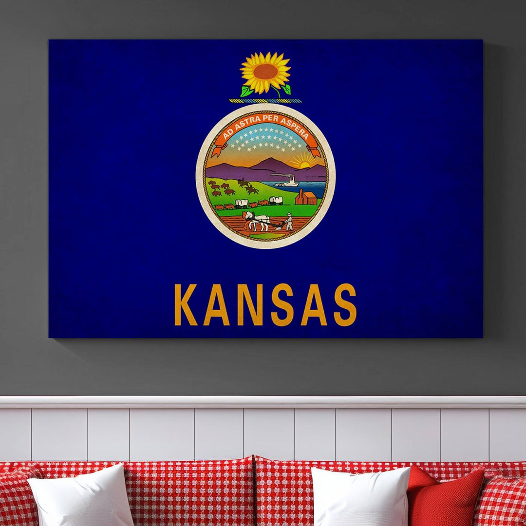 The "Kansas USA States Flag Wall Art Canvas Print" is prominently displayed.