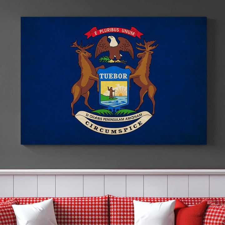 A piece of Michigan State Flag Wall Art on museum-quality canvas features a UV-protective coating to maintain its vibrant colors.