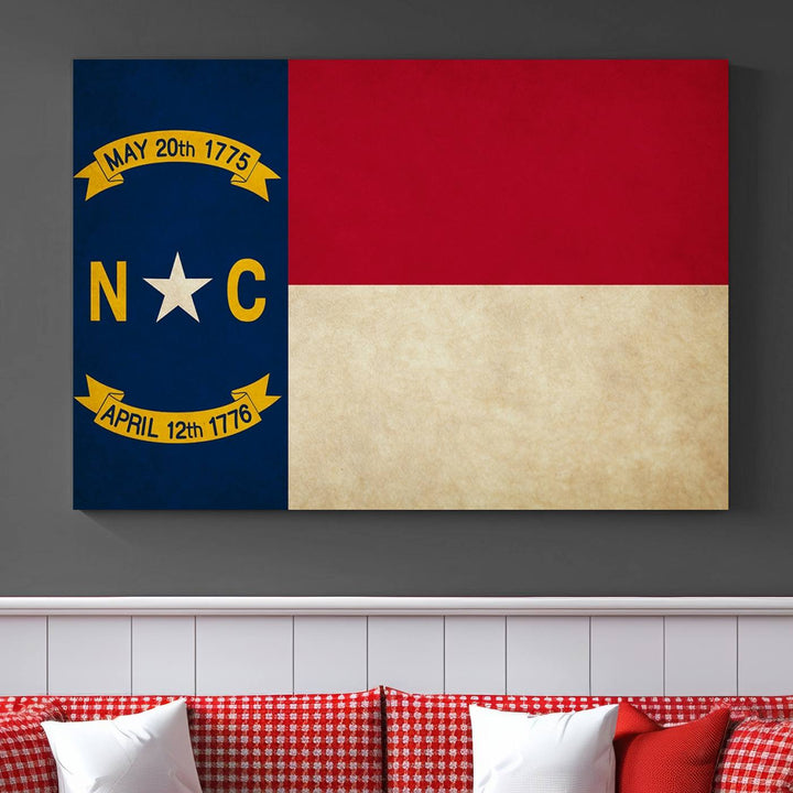 A museum-quality North Carolina State Flag Wall Art Canvas Print graces the wall, adding charm and character to any living space. Enjoy free shipping on this timeless piece.