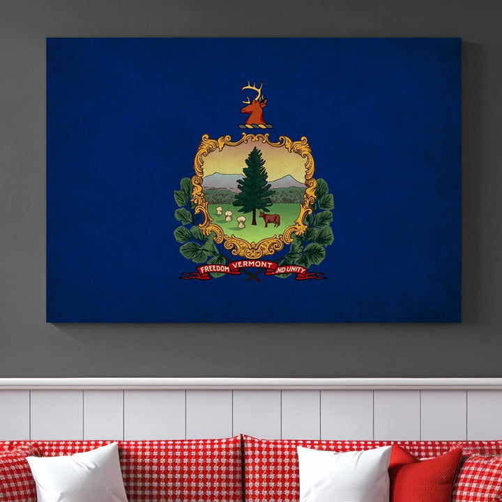 The Vermont Flag Wall Art Canvas Print is a museum-quality piece enhanced with UV-protective finishes, offering both style and durability. Enjoy free shipping on this classic decor addition.