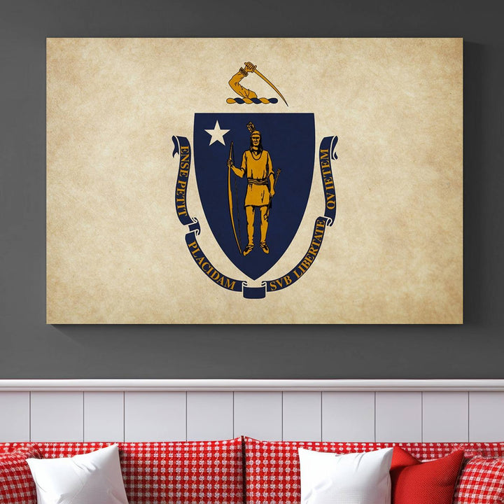 The Massachusetts State of Flag Wall Art Canvas Print, handcrafted on a museum-quality canvas with UV-protective coating, decorates the wall. It is ready to hang and adds a touch of elegance to the space.