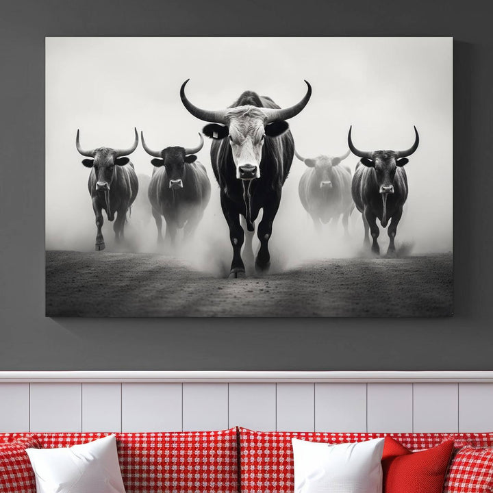 The Texas Longhorn Cow Animal Wall Art Canvas Print beautifully embellishes the area with its depiction of longhorn cattle in a misty setting, seamlessly integrating Western decor into the space.