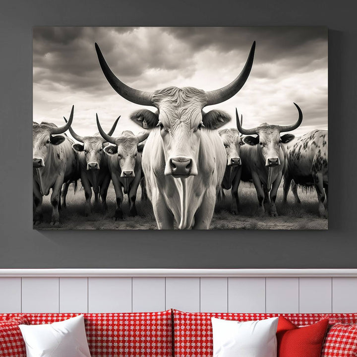 A Texas Longhorn Cow Animal Wall Art Canvas Print introduces a Western-themed accent.