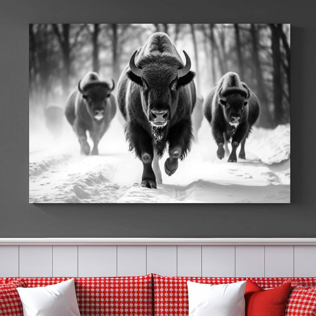 Transform your living room with the Buffalo Wall Art Canvas Print triptych, showcasing a bison family in motion across a snowy landscape. This striking Western decor piece becomes the focal point of any room.