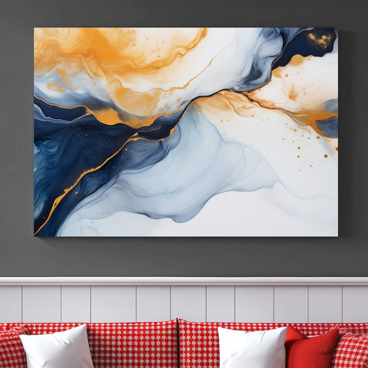 Modern living room featuring the 'Extra Large Orange Navy Blue Abstract Wall Art Canvas Print.'