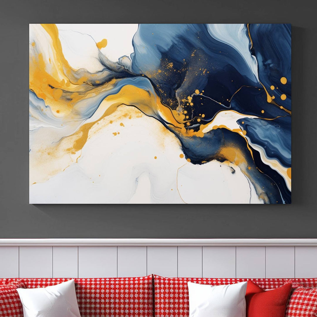 The Blue and Gold Abstract Fluid Canvas Art, with its swirling patterns, adorns the wall. This modern wall art beautifully complements the contemporary interior decor, adding an elegant touch with its rich blue, gold, and white tones.