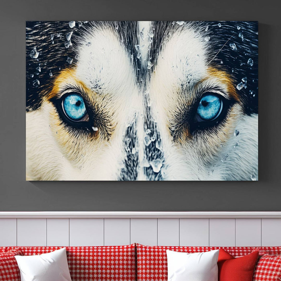 The captivating "Winter Siberian Husky Wolf EYE Wall Art Canvas Print" showcases the striking blue eyes of the animal portrait.