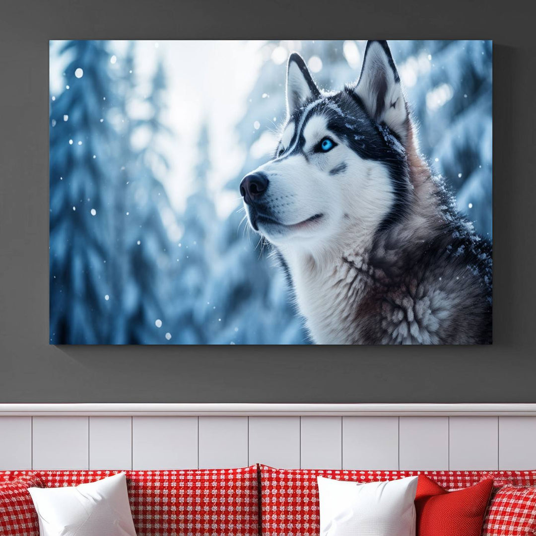 The "Winter Siberian Husky Wolf Wall Art Canvas Print" is elegantly displayed, enhancing the room's cozy ambiance in a snowy forest setting.