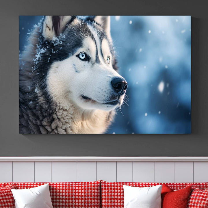 The space above the sofa features the Winter Siberian Husky Wolf Wall Art Canvas Print, creating a stunning snowy scene.