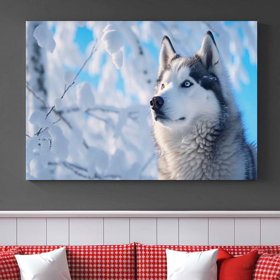 The Siberian Husky Art Canvas elegantly enhances the room.