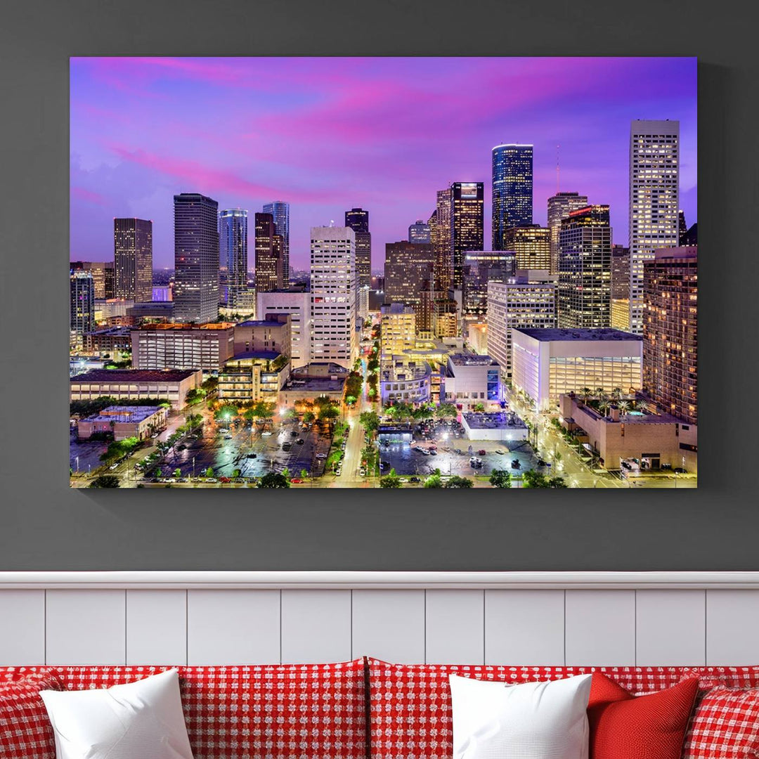 Houston Wall Art Canvas Print showcasing a vibrant cityscape at dusk on museum-quality canvas, expertly crafted by professional craftsmen.