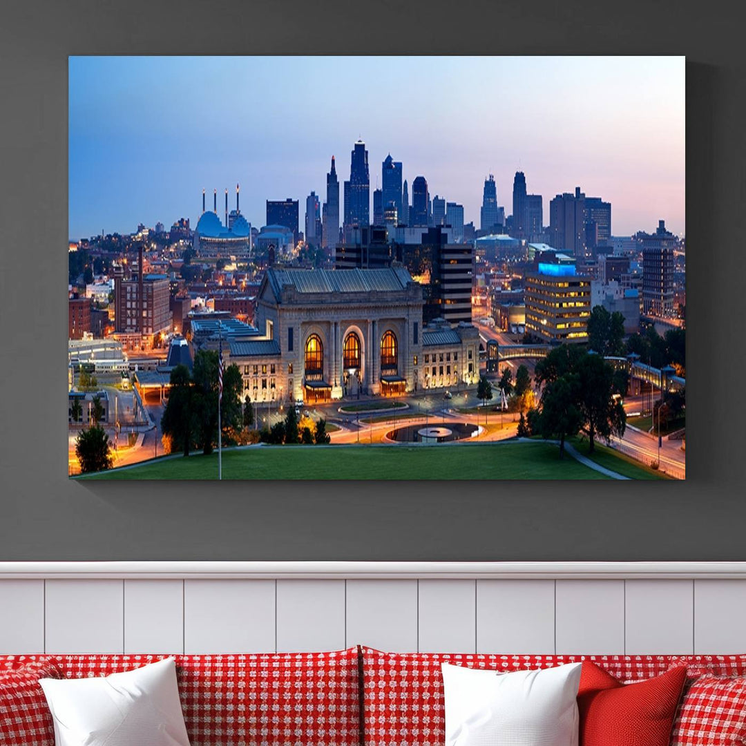 The Kansas City Skyline Canvas Wall Art Print hangs above, showcasing an iconic dusk cityscape with a historic building in the foreground, exuding urban sophistication.