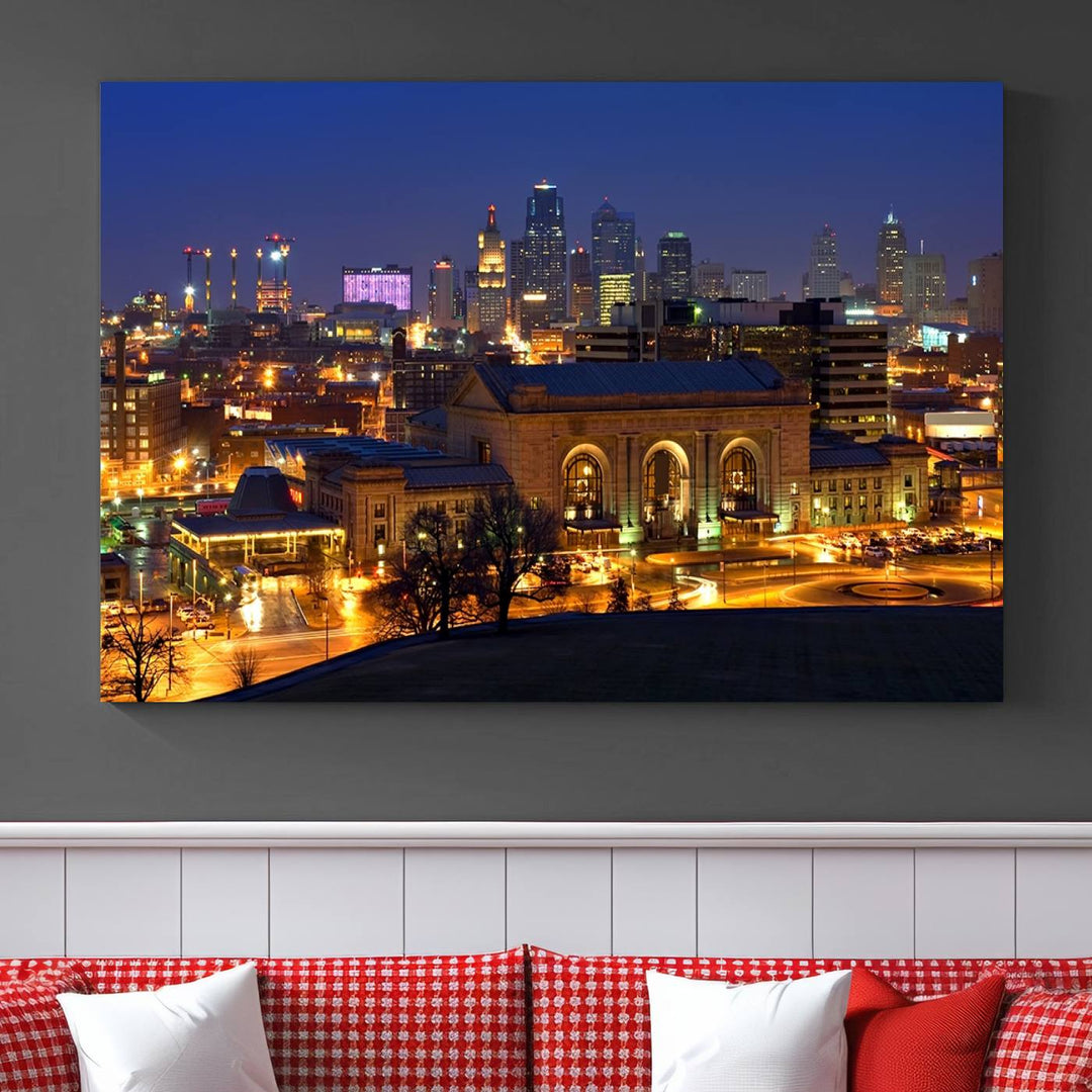 The Kansas City Night Canvas Print Wall Art creates a scene as captivating as museum-quality art, showcasing a city skyline at night with illuminated buildings.