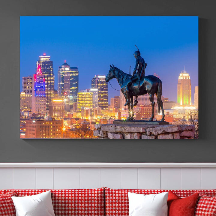 A large Kansas City Night Canvas Print Wall Art adorns the wall, gallery wrapped and finished with a UV-protective coating for lasting vibrancy.