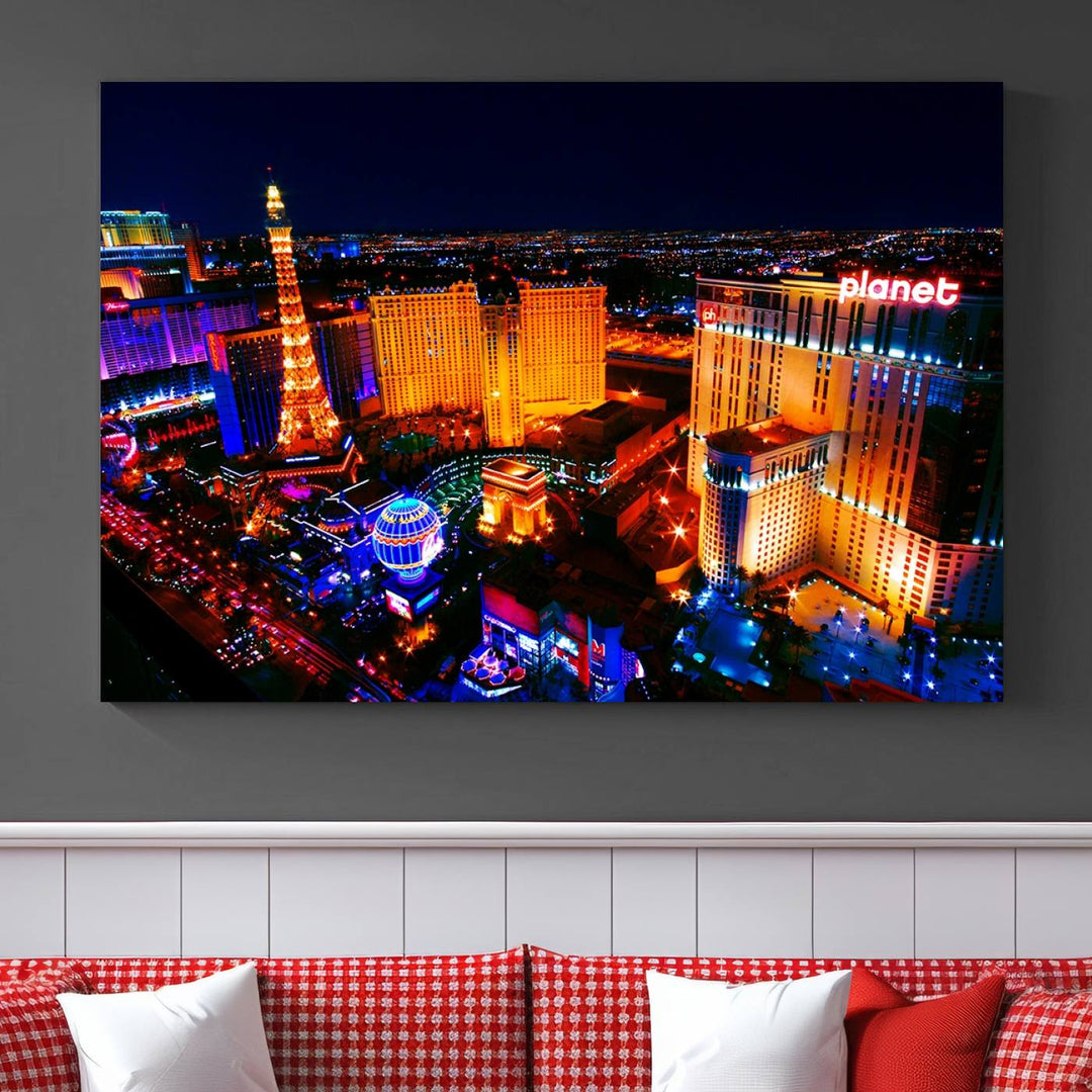 Las Vegas Wall Art Canvas Print showcases a dynamic and luminous cityscape at night with tall buildings and bustling streets. Expertly printed on museum-quality canvas, this gallery-wrapped artwork is enhanced with a UV-protective coating to ensure lasting brilliance.