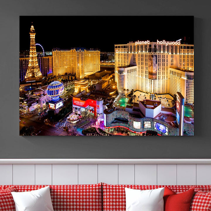 The Las Vegas Wall Art Canvas Print is a triptych set that showcases a stunning night view of Las Vegas. The illuminated buildings and the iconic faux Eiffel Tower add elegance to any space. Each piece comes with a UV-protective coating and is ready to hang, ensuring both style and durability.