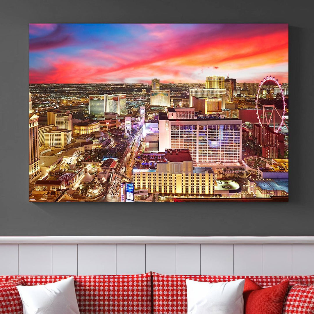 Las Vegas Wall Art Canvas Print depicting a vibrant cityscape at dusk on museum-quality canvas with a UV-protective coating, showcasing a skyline with colorful clouds.