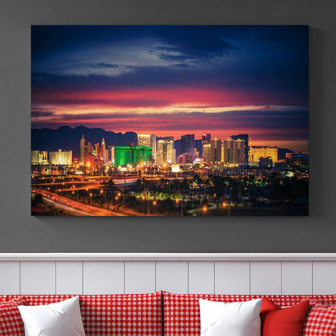 The living room is adorned with the Las Vegas Wall Art Canvas Print, a triptych showcasing a cityscape at sunset. This piece is crafted on museum-quality canvas and protected by a UV-coated finish, highlighting the craftsmanship of a skilled professional.