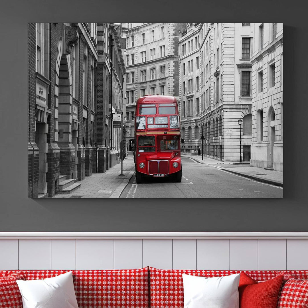 The living room features museum-quality London Red Bus Wall Art, showcasing a split canvas print of a red bus on a black and white city street. This artwork is ready to hang and includes a UV-protective coating to ensure long-lasting vibrance.