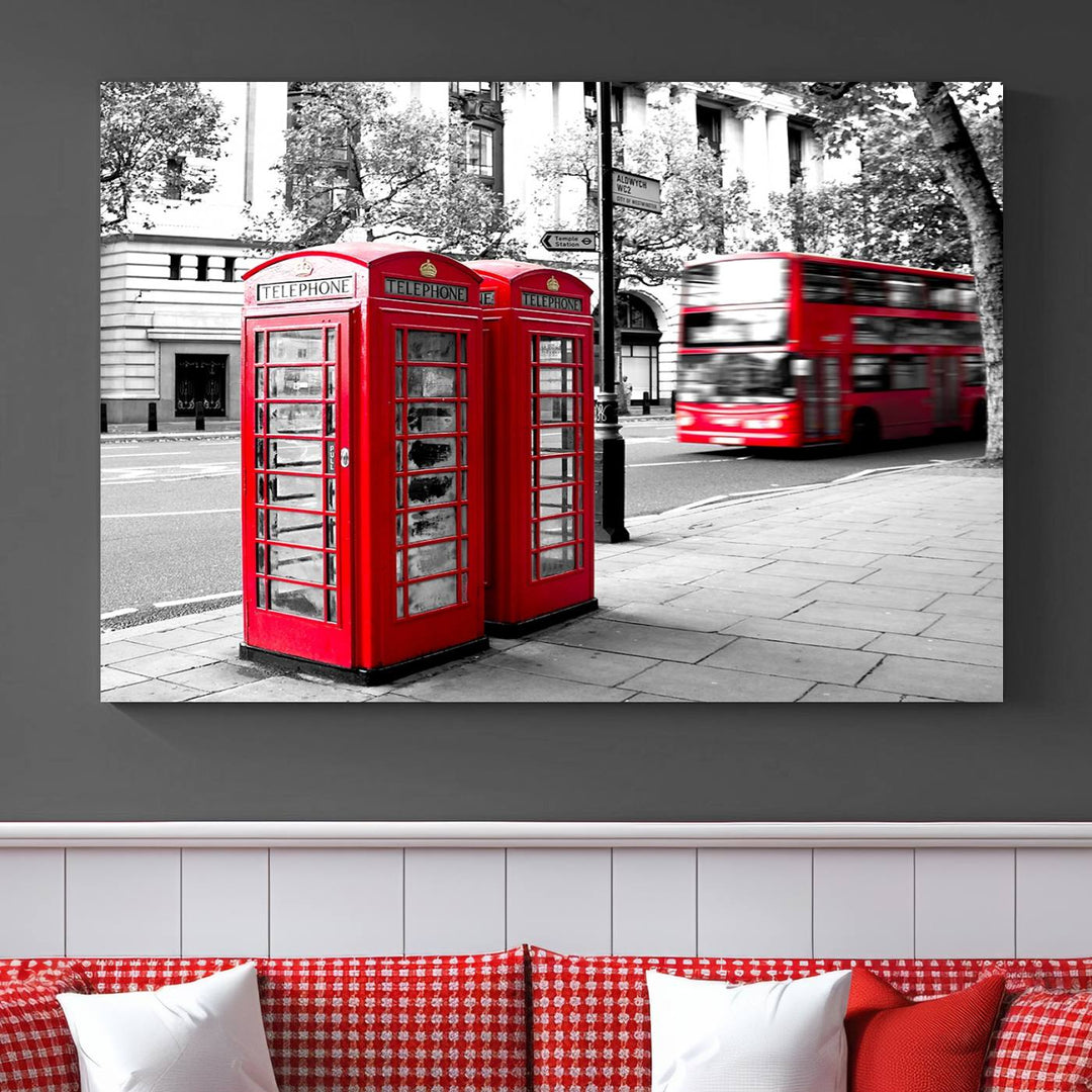 The London Red Bus and Phone Club Wall Art, a vivid night canvas print featuring iconic red buses and phone booths, is elegantly showcased on gallery-wrapped, museum-quality material. With its UV-protective coating, this captivating piece infuses your space with the charm of London.