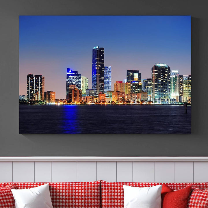 Miami City wall art canvas print showcasing a city skyline at dusk. Crafted on museum-quality canvas and designed to be ready to hang, it offers effortless elegance for your interior decor.