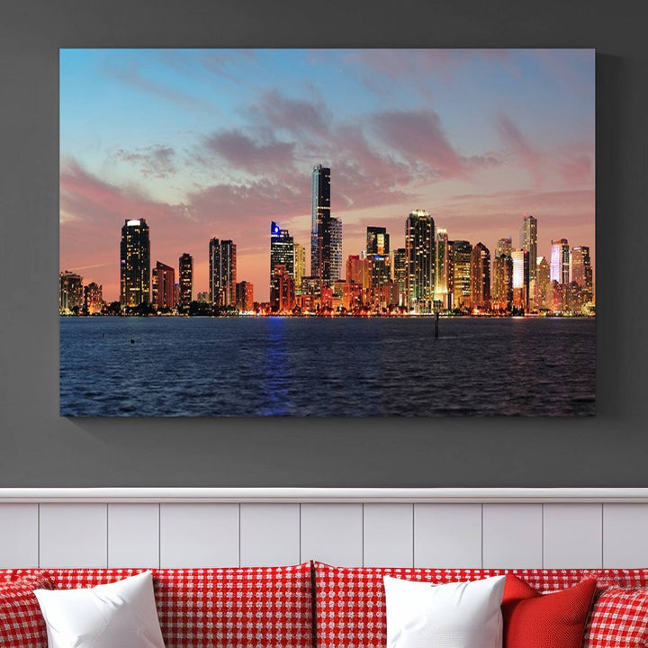 The Wall Art MIAMI Canvas Print emphasizes a vibrant cityscape at sunset. This artwork is presented on museum-quality canvas with gallery-wrapped edges, ensuring it stands out while maintaining its pristine condition for years to come.