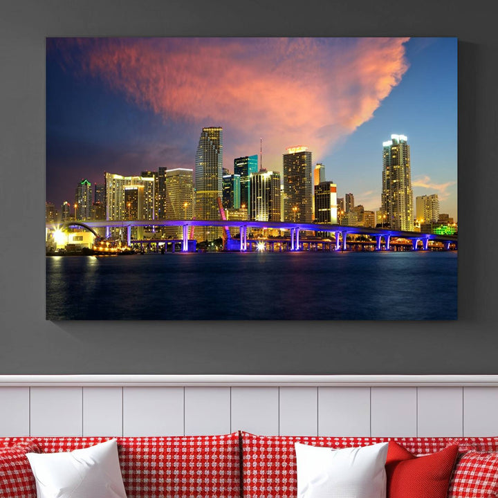 The modern living room is enhanced by the "Miami City Wall Art Canvas Print," a stunning triptych portraying a city skyline at sunset. These canvases are gallery wrapped and made from museum-quality materials, featuring a UV-protective coating to ensure lasting vibrancy.