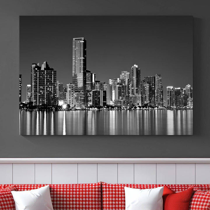 The Miami City Wall Art Canvas Print, a stunning triptych of the Miami skyline, elegantly hangs in this modern living room.