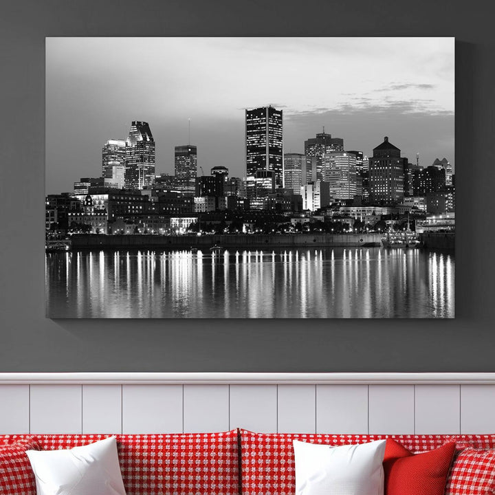 The "Montreal Canada City Wall Art," a black and white triptych of a city skyline at night, elegantly captures the reflections in water.