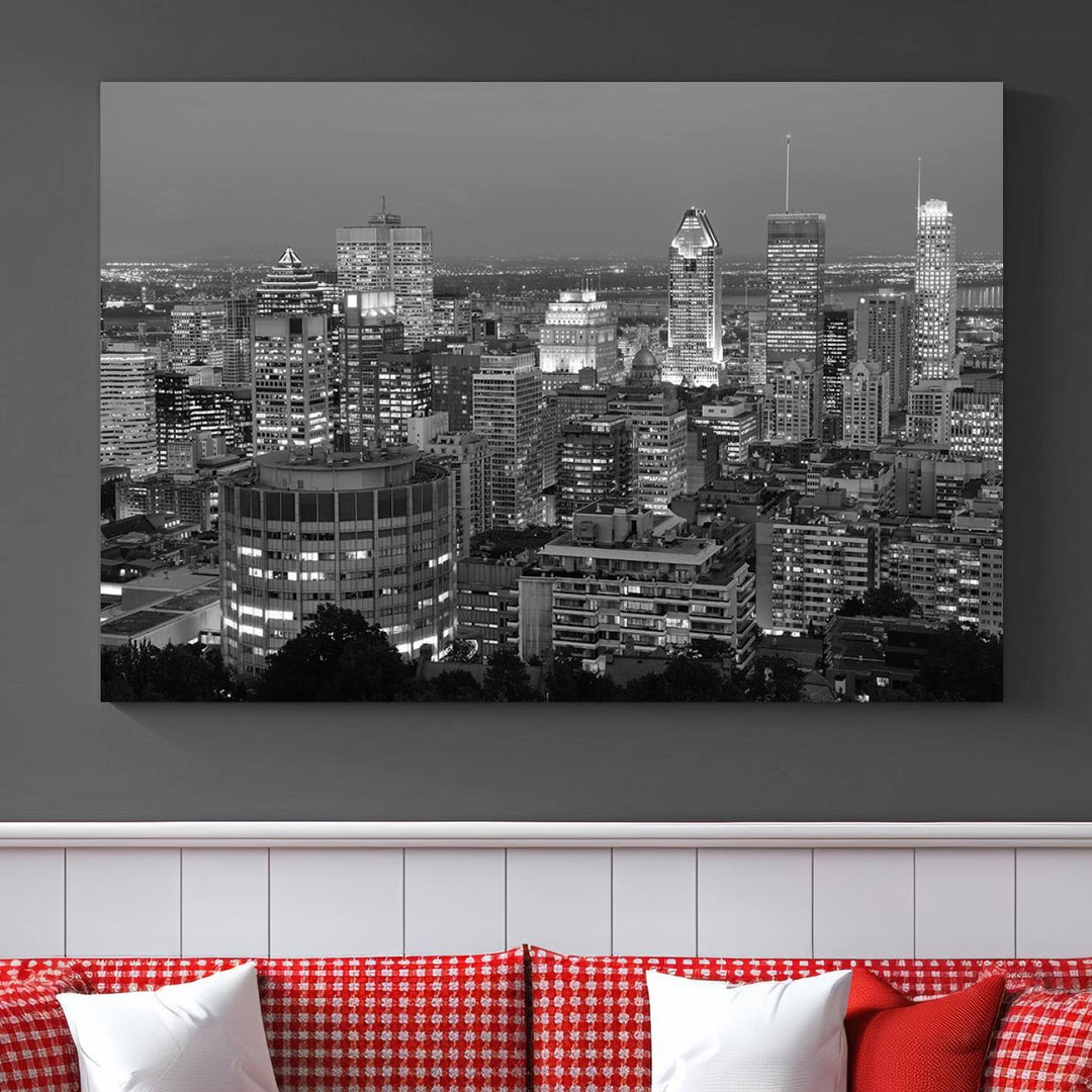 The gallery-wrapped, museum-quality canvas print features the Montreal Canada City Wall Art, showcasing a cityscape at night in black and white.