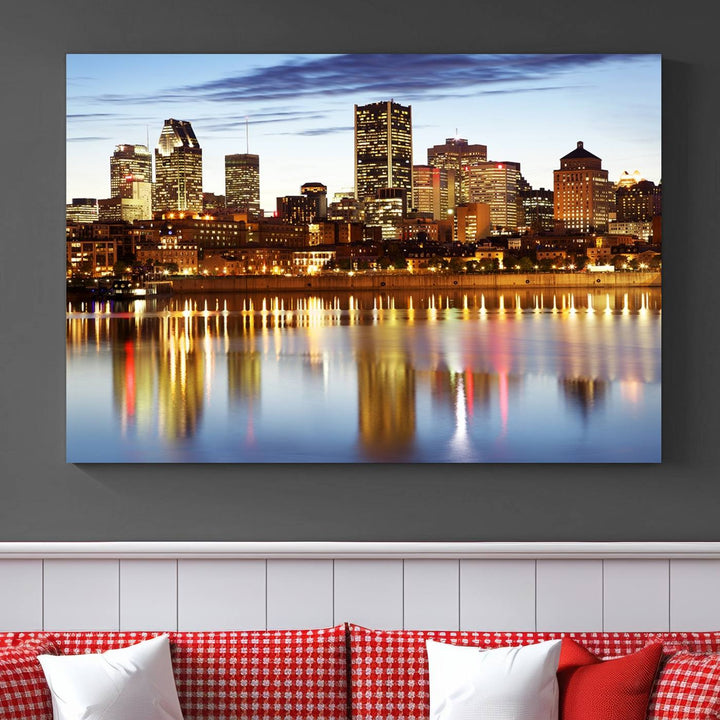 A Montreal Canada City Wall Art Canvas Print, depicting the cityscape at dusk and reflecting in calm waters, is crafted with museum-quality canvases and a UV-protective coating. This remarkable piece guarantees vibrant colors that remain stunning and ready to hang for years to come.