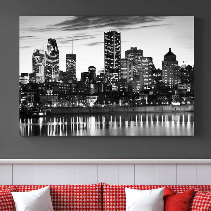 The contemporary living room features the Montreal Canada City Wall Art Canvas Print, an elegantly gallery-wrapped triptych on museum-quality canvas, prominently hung above.