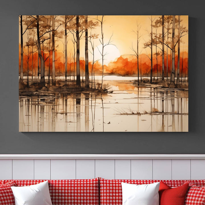 An Abstract Watercolor Trees and Sunset on Lake Wall Art Canvas Print, created on museum-quality canvas.