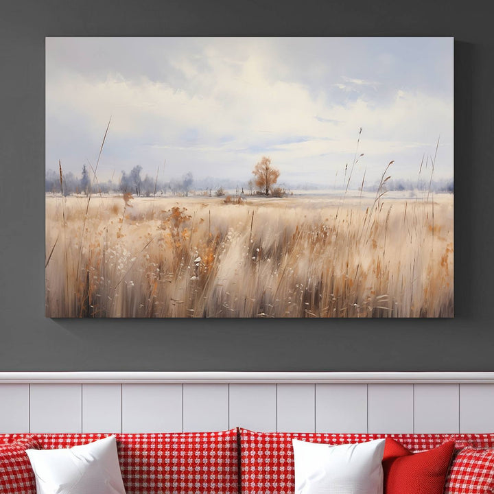 The modern living room features the Golden Fields Canvas Wall Art Print – Serene Landscape of Nature’s Tranquility in Minimalist for Farmhouse Decor, showcasing serene golden fields that enhance the calming ambiance.