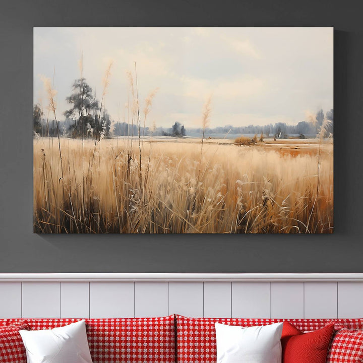 A Wildflower Field Landscape Oil Painting, showcasing a vintage art print of a serene field with tall grasses and distant trees, is beautifully presented on museum-quality canvases with gallery-wrapped edges.