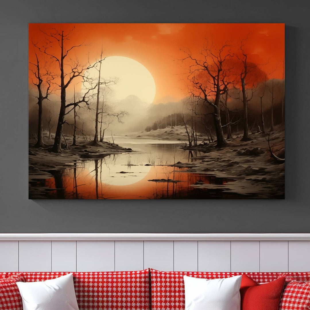 The "Abstract Watercolor Trees and Sunset on Lake Wall Art" is a triptych masterpiece, showcasing an orange-hued landscape of barren trees and a large sun. Displayed on museum-quality canvases with UV-protective coating, it creates a striking visual element in any space.