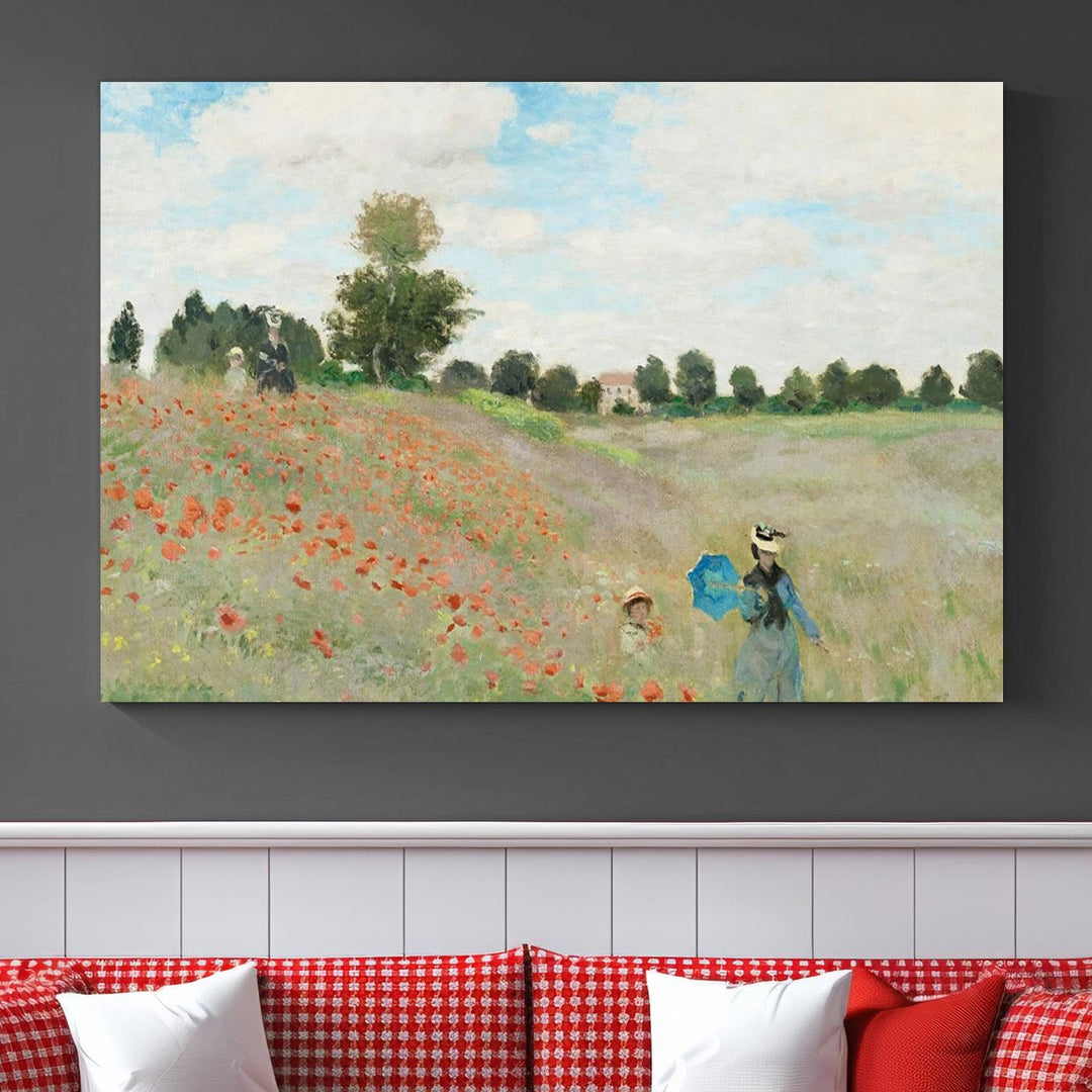 The Claude Monet The Poppy Field Canvas Print features a scene of a serene meadow with blooming flowers and a woman and child. It is printed on museum-quality canvas with UV-protective coating.