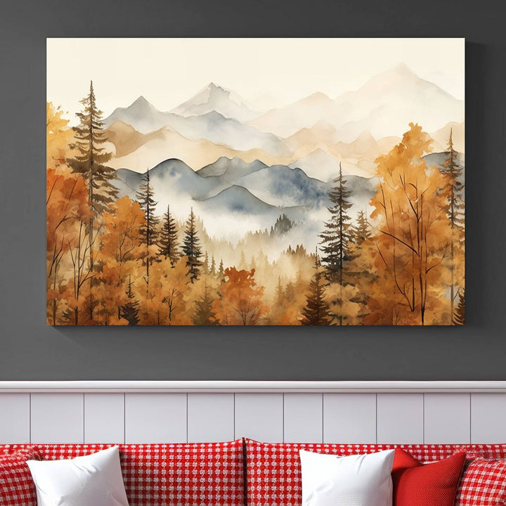 Abstract Mountain Mist Canvas Wall Art – Tranquil Autumn Forest and Misty Peaks - Ready to Hang