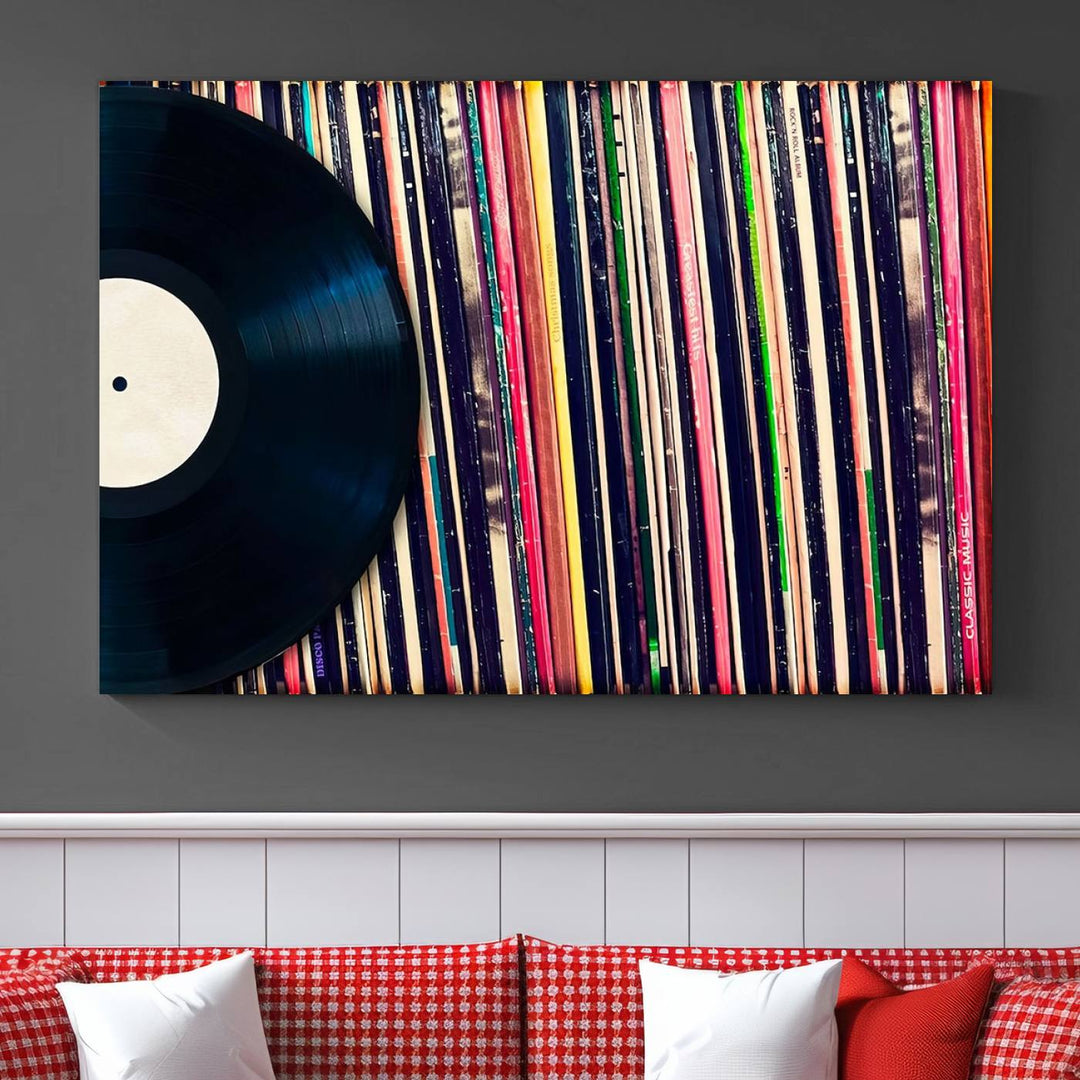 The room showcases the "Vinyl Record and Album Collection Canvas Wall Art," a perfect retro music decor piece for vintage vinyl lovers.