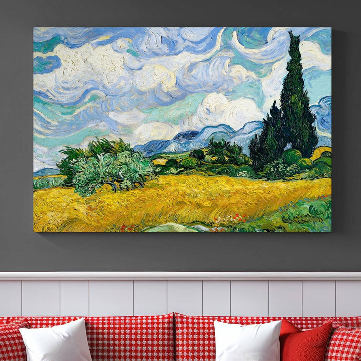 A contemporary living room features a large triptych of "Wheatfield With Cypresses By Van Gogh Painting Wall Art Canvas Print." Crafted on museum-quality canvas, this artwork brings a sense of elegance and craftsmanship reminiscent of professional artistry.