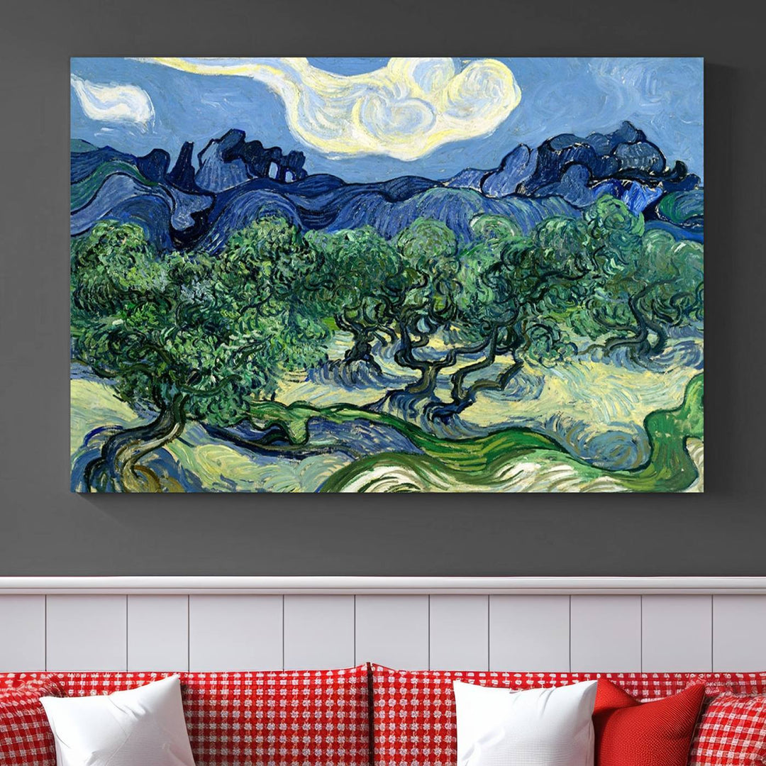 The Olive Trees Van Gogh Wall Art Canvas Print enhances the living room with its vivid landscape on museum-quality canvas, complete with a UV-protective coating.