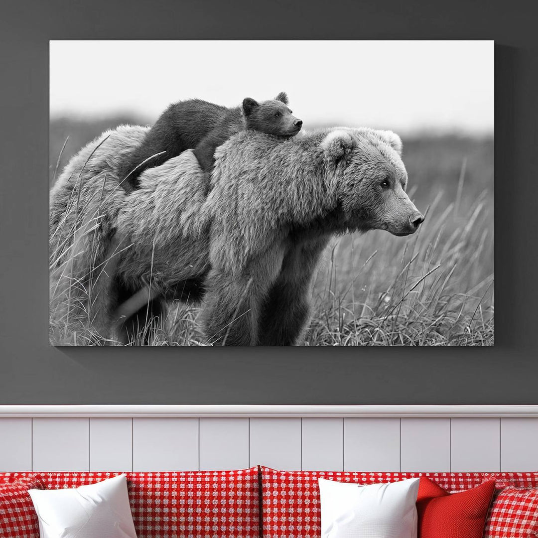 Baby Bear and Mom Bear Family Black & White Canvas Print Wall Art Canvas