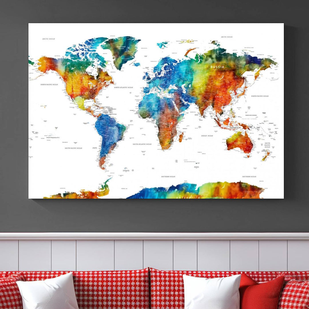 Mixcolor World Map Wall Art Canvas Print, showcasing vibrant colors and a gallery-quality finish.