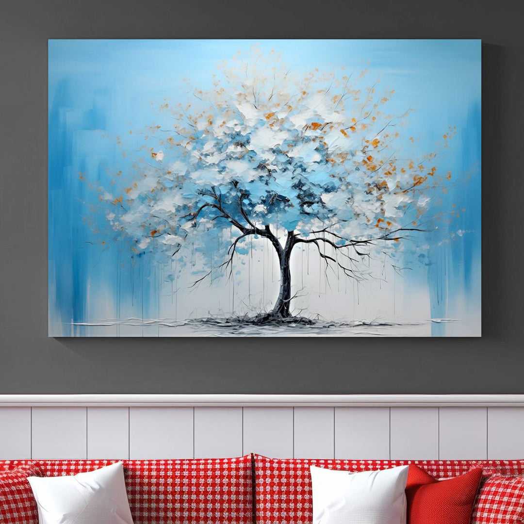 Modern living room featuring the Large Blue Abstract Tree Wall Art Canvas Printing. Enjoy the elegance with free shipping.