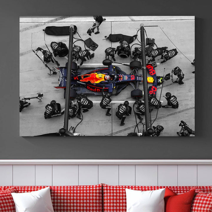 The RedBull Formula 1 Canvas Wall Art Print, a set of three gallery-quality pieces, elegantly adorns the wall.